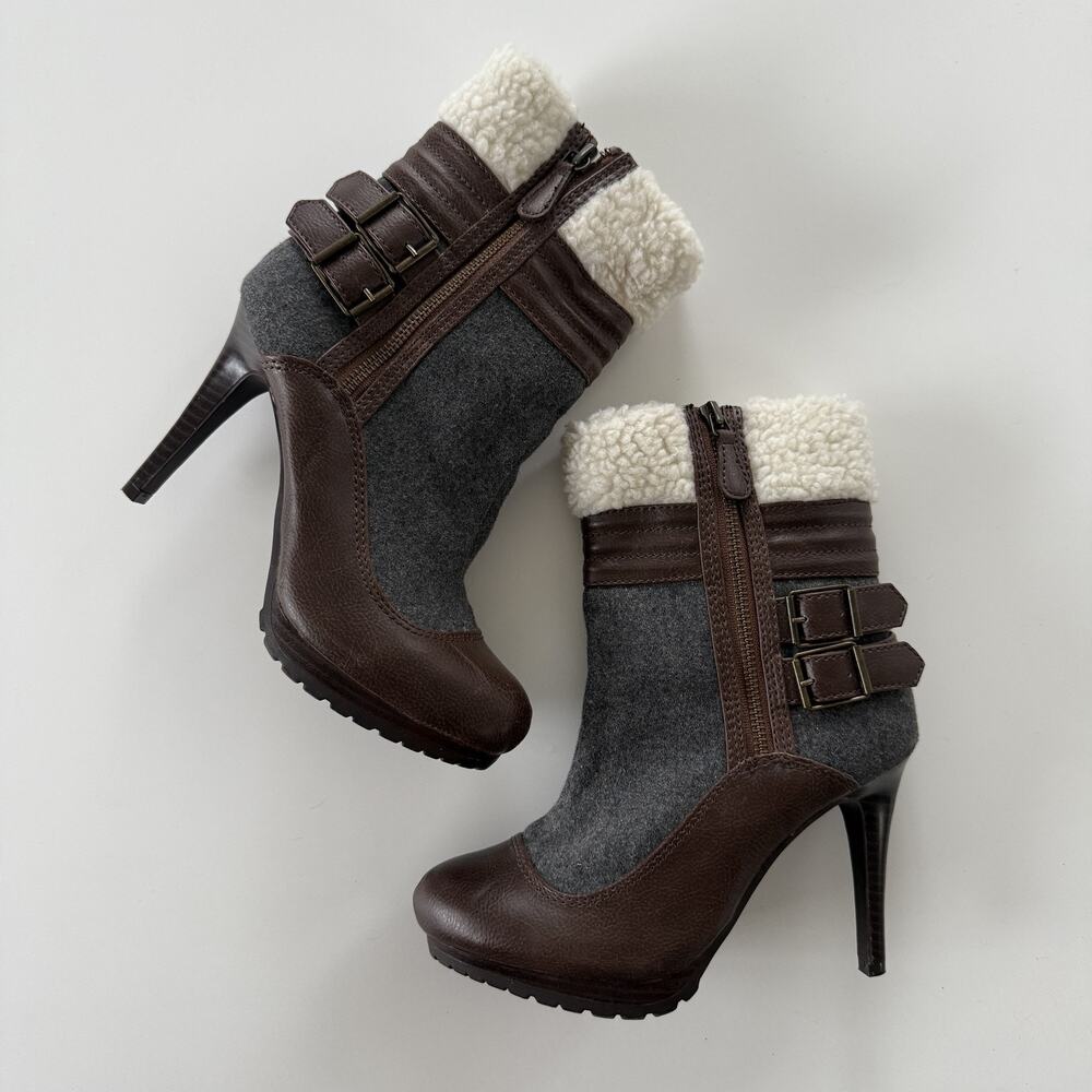 ELLE Boots Womens Size 6 Brown Gray Faux Fur Shearling Ankle Stiletto Booties